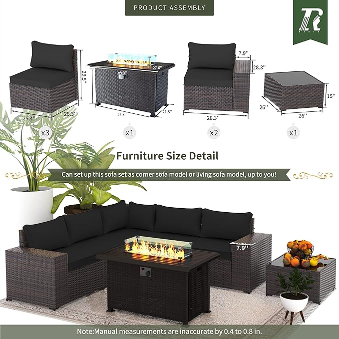 7 PCS Outdoor Patio Furniture Set,Outdoor Sectional Furniture with 43" 55000 BTU Gas Propane Fire Pit Table,All Weather PE Rattan Wicker Patio Conversation Set,Black