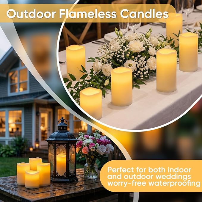 Amagic Waterproof Outdoor Flameless Candles with Timer, Battery Operated Candles with Remote Control, Electric LED Pillar Candle for Outside Patio, Garden, Wedding Decor, D3 x H4 5" 6", Set of 9