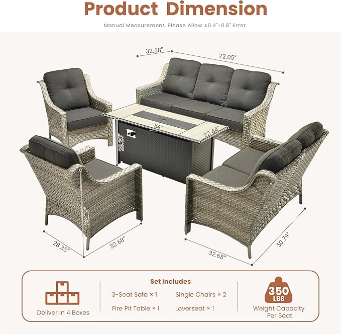 HOOOWOOO Patio Furniture Set,5 Pieces Wicker Outdoor Furniture,High Back Conversation Set with All Weather Resistant Fire Pit Table Couch Loveseat Chairs,Black