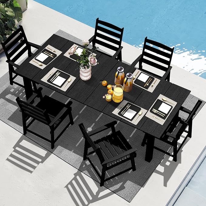 LOUNZY 7 Pieces Patio Dining Sets, 75.2'' Table Outdoor HDPE Furniture Set w/ 2" Hole Cut-Out Dining Table with 6 Patio Chairs for Lawn, Pool and Yard,Black