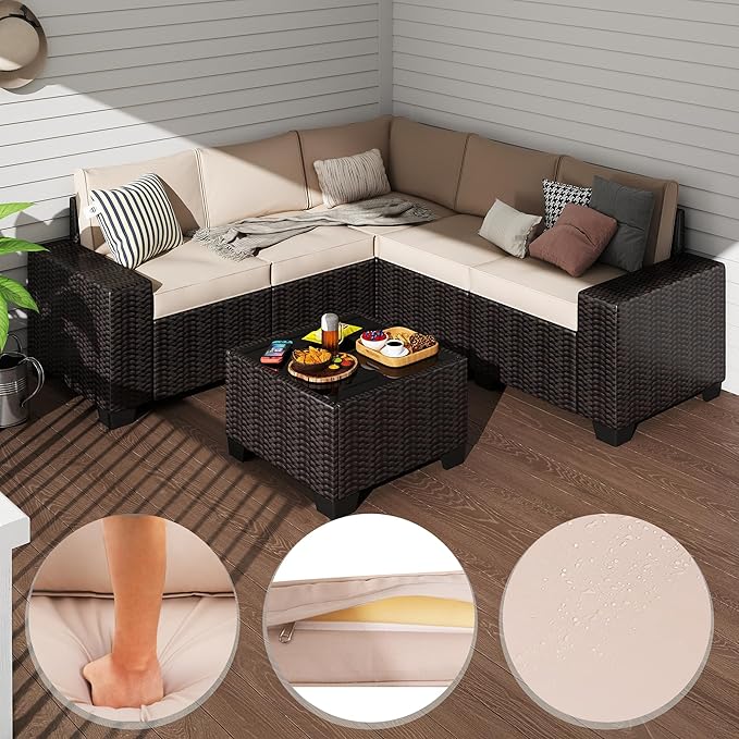 6 Pieces Patio Furniture Set, Outdoor Sectional Set of 6 w/Wide Armrest, Waterproof Wicker Conversation Set for Backyard, Deck, Beige