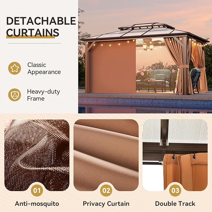 Aoxun 10'x14' Hardtop Gazebo, Outdoor Metal Gazebo with Double Polycarbonate Roof Canopy, Permanent Pavilion with Netting and Curtains for Lawn, Garden, Patio (Khaki)