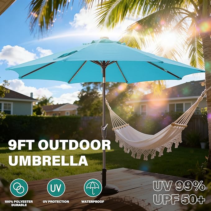 9FT Solar-Powered LED Patio Umbrella with Tilt Crank,Outdoor Market Umbrella with 32 Lights,Sunshade for Deck, Garden and Pool