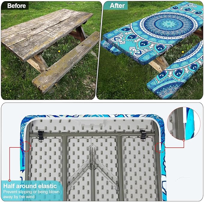 Picnic Table Cover with Bench Covers Camping Essentials Waterproof Windproof Camping Tablecloth with Drawstring Bag, Fitted Rectangle Tables and Seats, 72in, Air Superiority Blue