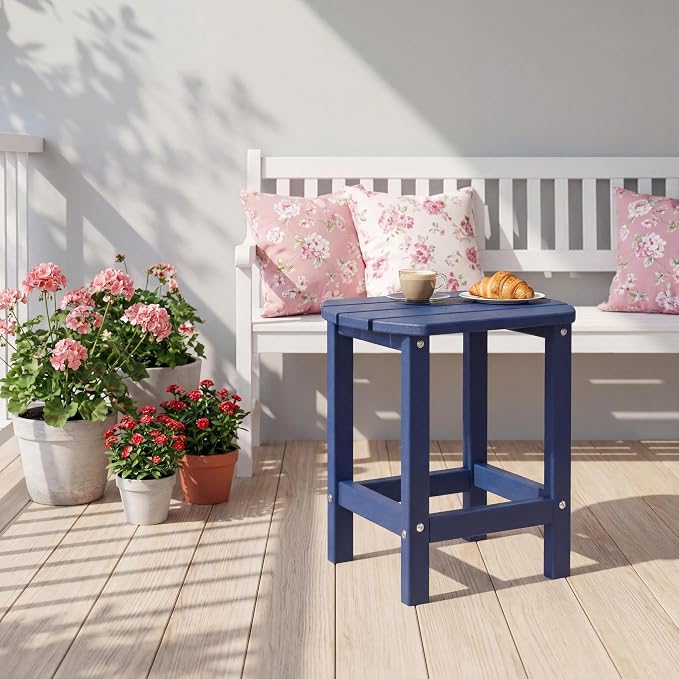 AMILY HDPE Outdoor Side Table, Weather Resistant Patio End Table, Heavy Duty Adirondack Side Table for Garden, Balcony, Poolside, Easy Assembly (Blue)