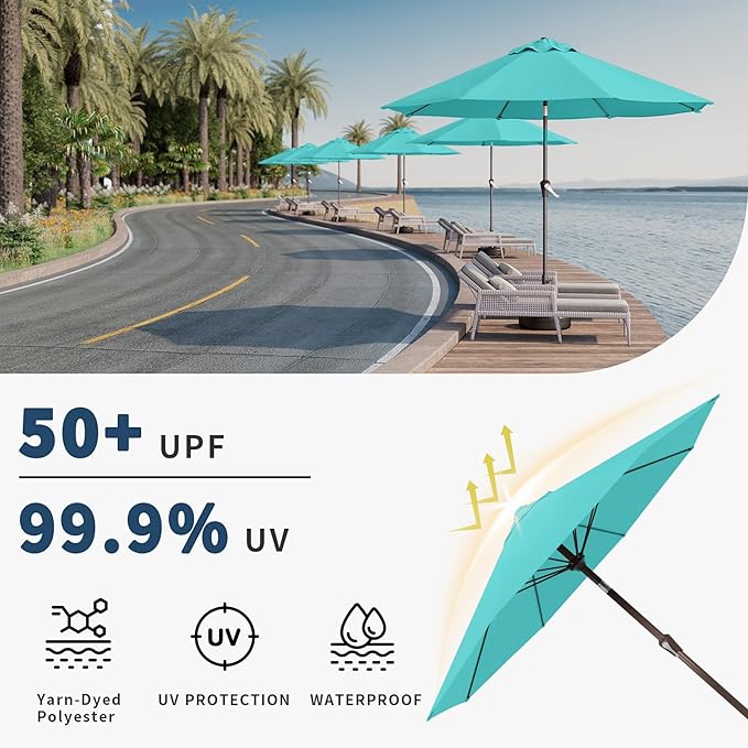 9FT Patio Umbrella with Fiberglass Ribs, Outdoor Market Table Umbrella with Crank and Tilt, UV Resistant Waterproof Canopy for Patio, Garden, Deck, Pool, Aqua Blue