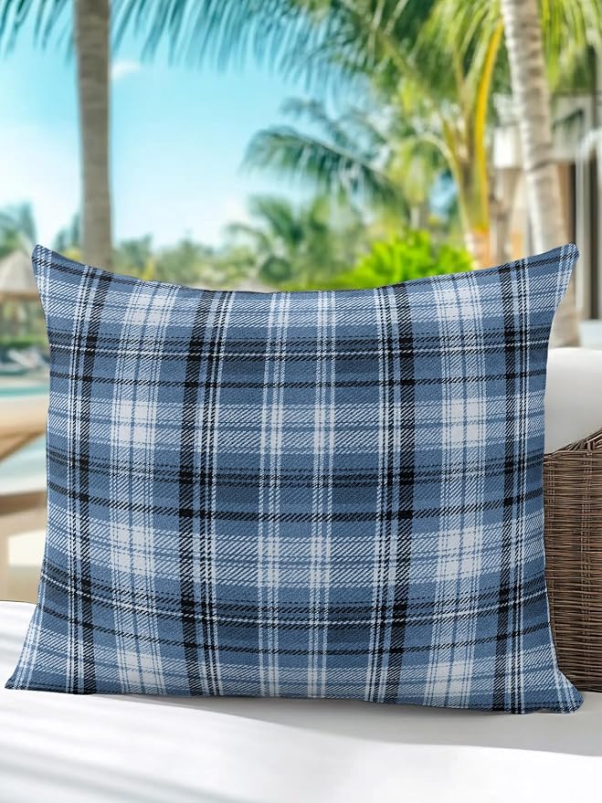 Waterproof Outdoor Pillow 1 Pack Blue Checked Plaid Decorative Throw Pillows Cover & Insert 16x16 Inch Pillowcase Stripes Woven Grid Square Pillows for Couch Sofa Bed Patio Furniture Indoor Outdoor