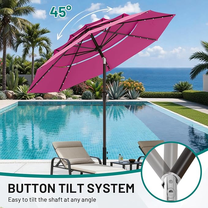 AreShark 9ft 3 Tiers Patio Umbrella with Solar Lights, Outdoor Umbrella w/ 32 LED Lights&8 Sturdy Ribs, Table Umbrella for Deck, Backyard, Pool (Rose Pink)