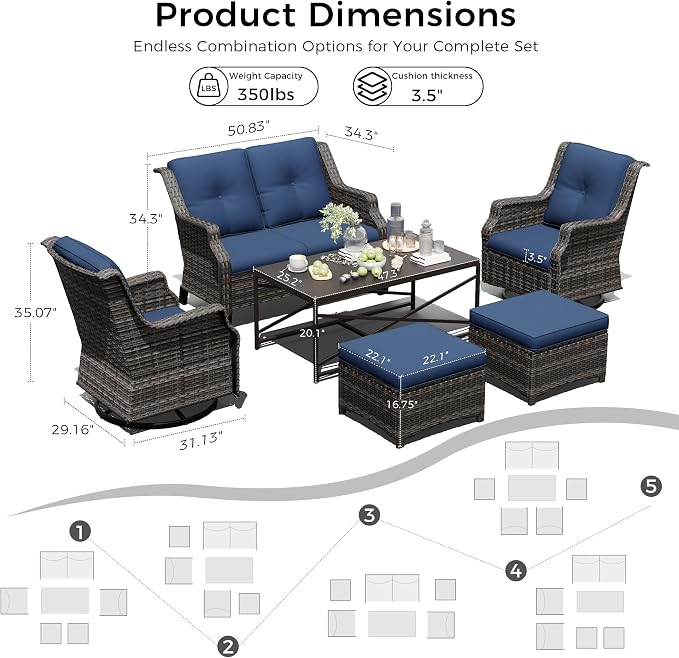 Outdoor Patio Furniture Set, 6 Piece Wicker Patio Furniture with Thick Cushions, Curved Armrest, Deep Seating, Rattan Outdoor Chairs for Porch, Deck, Balcony