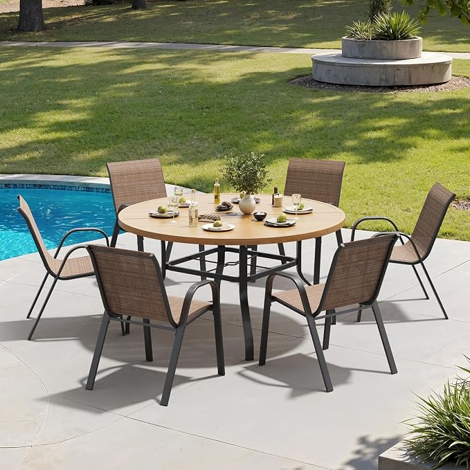 Soohow Patio Dining Set for 6, 7-piece Outdoor Dining Set 6 x Stackable Patio Chairs & 1 x Wood-Like Round Table with Umbrella Hole, All-Weather Outdoor Table and Chairs for Backyard, Balcony, Porch