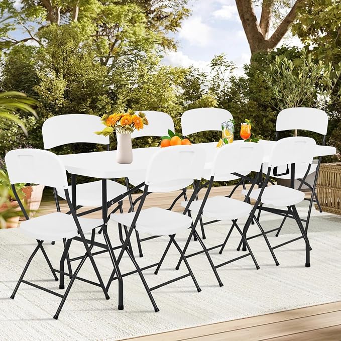 6ft Folding Table and Chairs, Outdoor Folding Chairs Set of 8, Foldable Table with Handle, Tables and Chairs for Parties, Picnic, Event, Indoor Outdoor Activities, at Home and Commercial Use