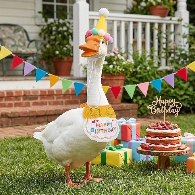 Jmkcoz Birthday Porch Goose Outfits Lawn Goose Statue Costume with Party Hat Bandana for 23" 17" Cement Plastic Statue Patio Yard Garden Outdoor Decor (Yellow)