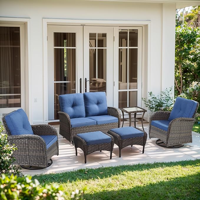 Outdoor Swivel Glider Rocker Chairs Set- 6 Piece Patio Furniture Set with A Glider Loveseat, Tempered Glass Side Table and 2 Ottoman, for Balcony, Porch - Brown Wicker, Blue Cushion