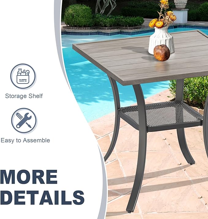 VICLLAX 3 Pieces Outdoor Dining Set, Patio Furniture Set Includes 27.6" Square Metal Table W/ 1.9" Umbrella Hole and 2 Padded Textilene Swivel Chairs for Porch, Lawn, Garden, Backyard