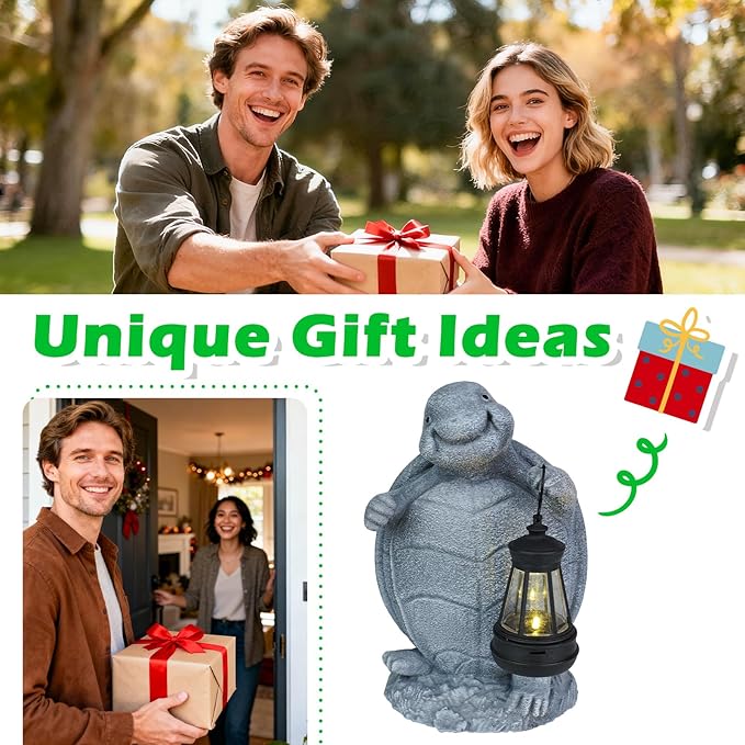 Solar Turtle Garden Statue with Lantern - Cute Outdoor Resin Figurine Light for Patio Lawn Porch Decor - Waterproof Solar Powered Animal Ornament - Unique Housewarming Birthday Gifts for Mom Grandma