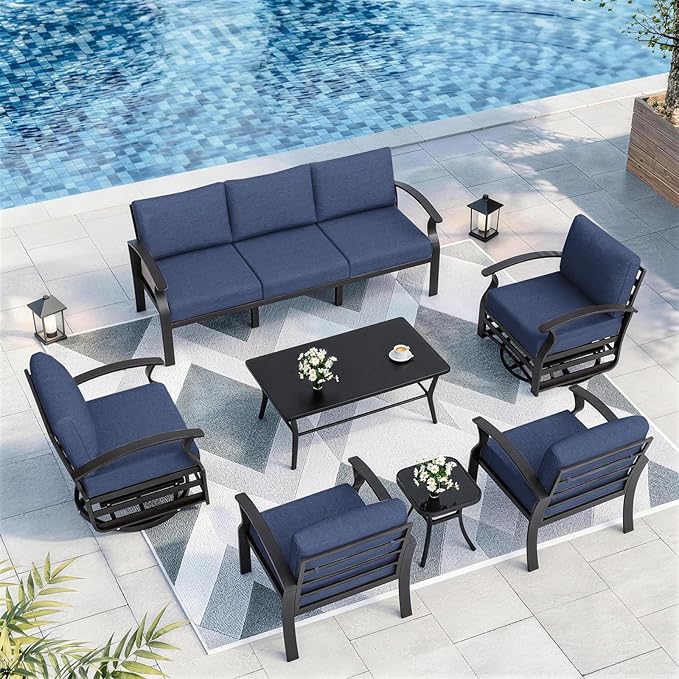 Kurapika Aluminum Patio Furniture Set 7-Seat Modern Outdoor Conversation Sets w/Swivel Rocking Chairs with Rectangular Coffee Table, Navy Blue