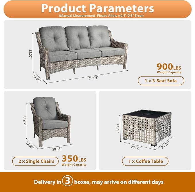 Outdoor Patio Furniture Sets, 4 PCS Patio Conversation Set Outside Rattan Sofa with Solar Light Coffee Table Comfy Cushions Fit Backyard Porch Garden Poolside Balcony,Dark Grey