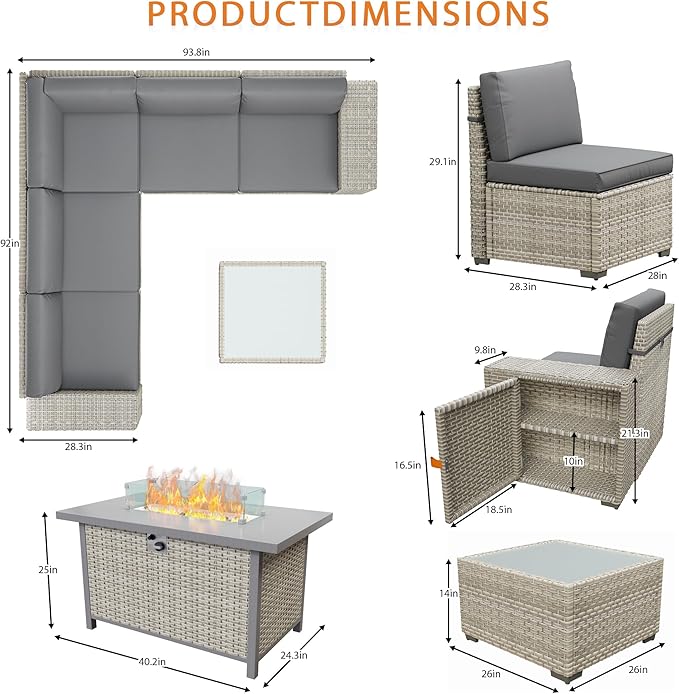 13 Piece Patio Furniture Set, 8" Wide Arm Sectional Sofa Set with 50000 BTU Propane Fire Pit Table & Coffee Table, Rattan Outdoor Conversation Set for Garden, Porch, Lawn, Gray