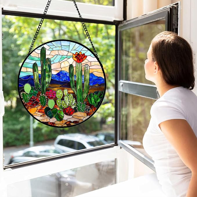 DASTOLL Stained Glass Window Hanging, Green Cactus Suncatcher for Doors Window Home Plant Landscape Sun Catchers Decoration Mother's Day Birthday Gifts for Women, Men, and Mom 6.3 in