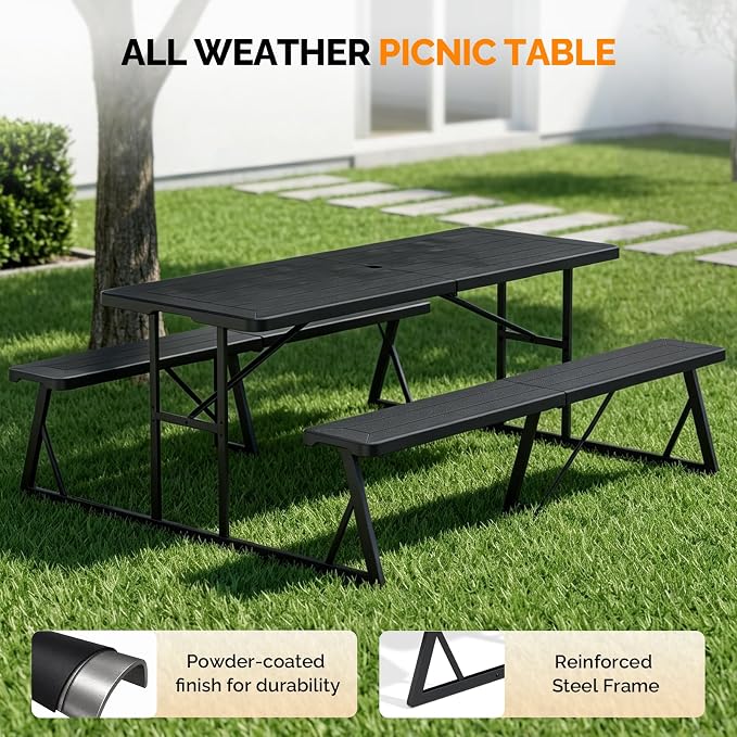 VINGLI Outdoor Picnic Table with Umbrella Hole, 6FT All Weather Metal Frame HDPE Tabletop Plastic Picnic Table for Dining Party Garden(Black)