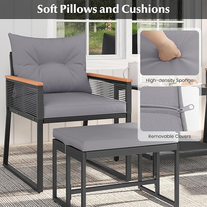 HAPPYGRILL 5 Piece Patio Conversation Set PE Rattan Wicker Chairs with 2 Ottomans, Soft Cushions and 2 Tier Coffee Table, Outdoor Furniture Set for Backyard, Garden and Poolside