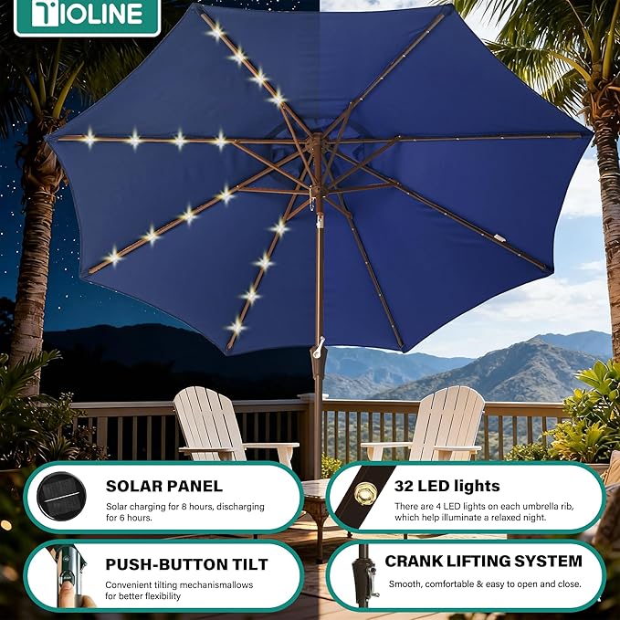 9FT Solar-Powered LED Patio Umbrella with Tilt Crank,Outdoor Market Umbrella with 32 Lights,Sunshade for Deck, Garden and Pool