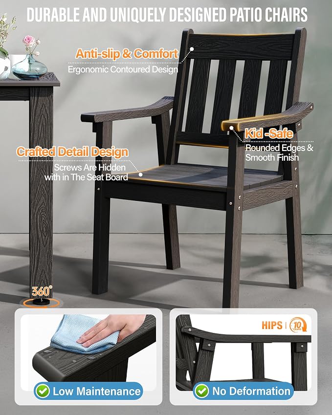 YEFU HIPS Patio Table Set: 5 Piece Outdoor Square Table and Chairs with Metal Aluminum Frame - Black Modern Plastic Patio Dining Furniture Set 4 Person for Outside Deck