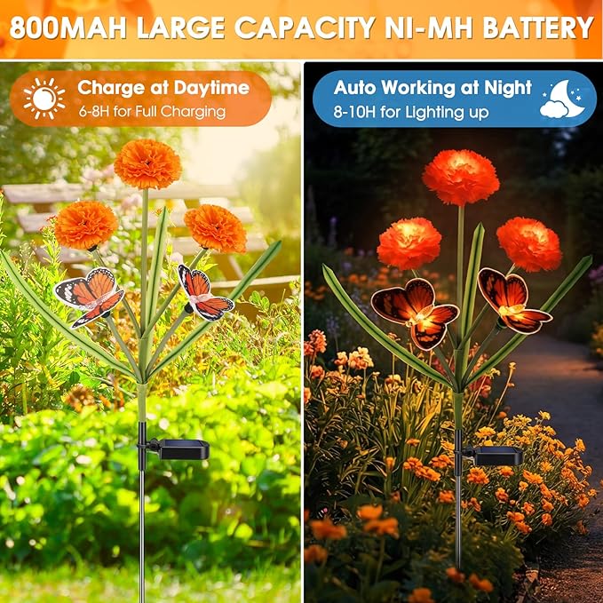Solar Flowers Outdoor Waterproof, Unique Solar Powered LED Marigold Stake Lights with Monarch Butterflies for Flower Pot, Yard, Lawn, Garden, Outside, Cemetery, Day of The Dead Grave Decor(3 Pack)