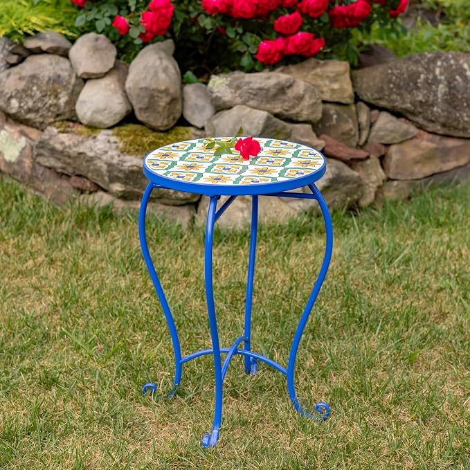 Mosaic Tile Furniture with Blue Metal Frame and Patterned Tile Tops (Nantucket - Blue/Green/Yellow, Pedestal Plant Stand)