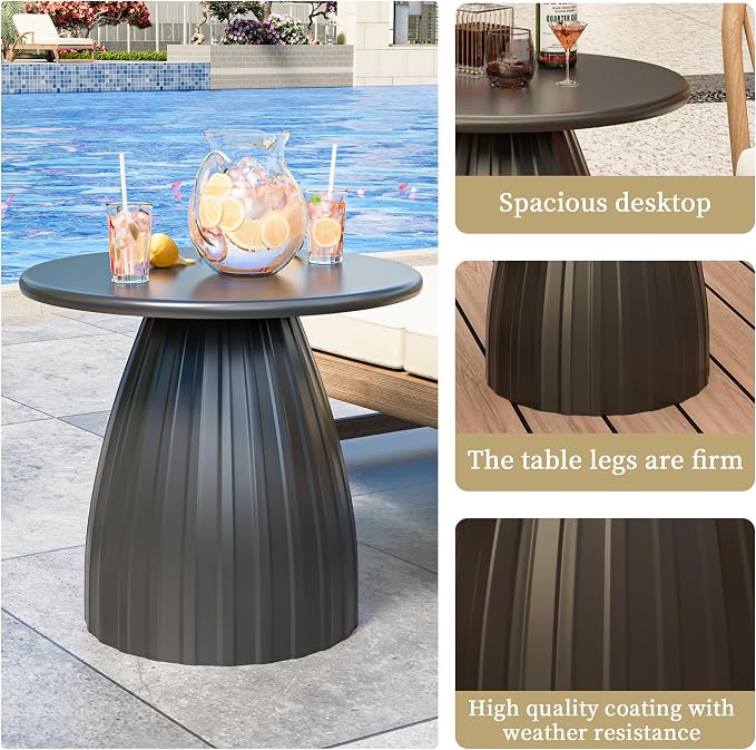 Round Metal Outdoor Patio Side Table, Steel Outdoor Accent Table, Black Small Patio End Table, for Garden, Pool, Yard, Balcony, Living Room, Deck, Weather Resistant, No Assembly