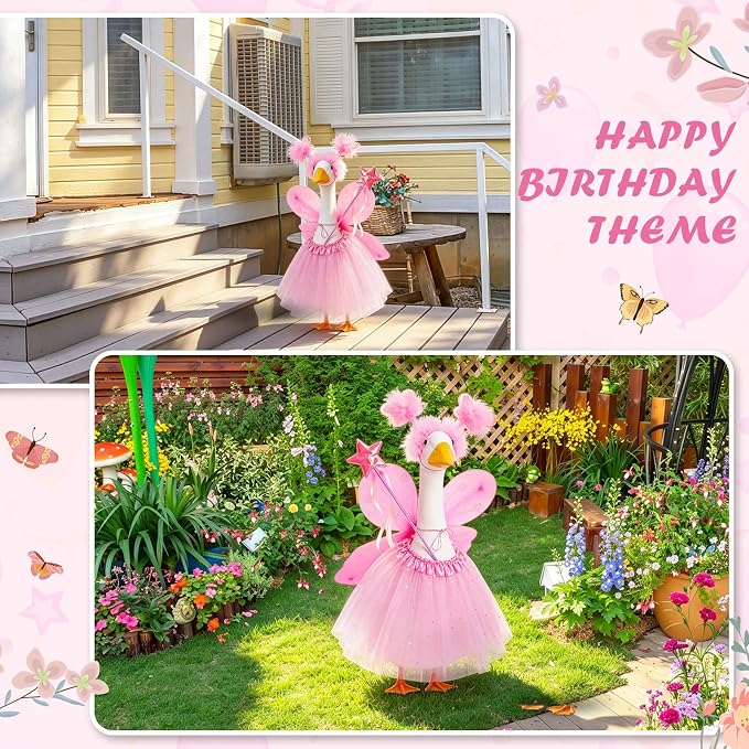 5pcs Butterfly Porch Goose Outfit Costume Tutu Skirt Butterfly Wing Wand Flower Crown for 17‘' 23‘' Cement Goose