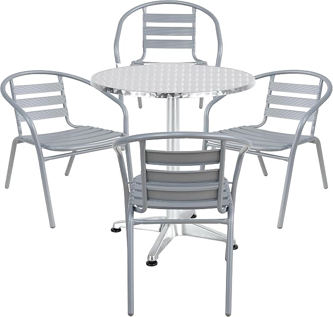 BTEXPERT Gray Indoor Outdoor Restaurant Stainless Steel Silver Aluminum + 4 Metal Slat Stack Lightweight, 4 Chairs with a 27.5" Round Table