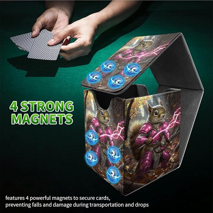 Purple Lightning Squirrel Card Deck Box for MTG, Personalized Card Storage Case Fits 120+ Sleeved Cards, Premium Leather TCG Box with Strong Magnetic Closure for Magic, PTCG, Baseball Cards