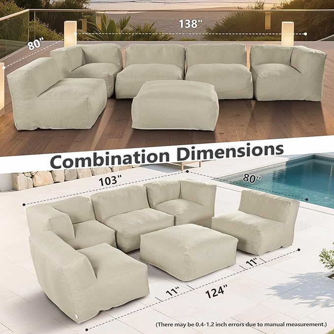 Patio Furniture Set, 6 Pcs Outdoor Conversation Set with Bean Bag Middle Chairs, Corner Chair, Ottomans, Modern Foam Couch Set for Garden, Deck, Balcony (6, Light Beige)