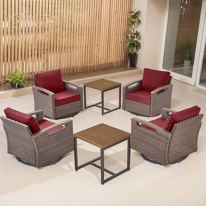 Rilyson 6 Piece Outdoor Patio Swivel Rocking Chairs, All Weather Wicker, Metal Armrest, Deep Seating, Thick Cushions, Side Table, Ideal for Deck Porch Backyard, Brown/Red