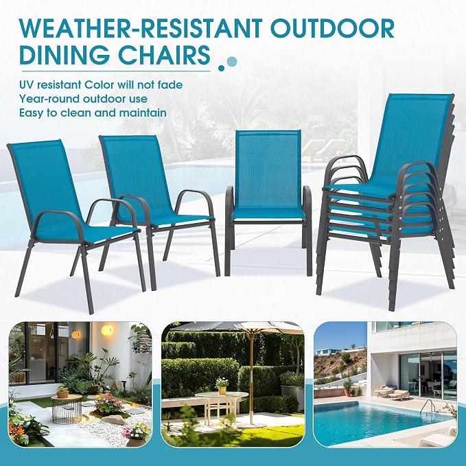 24.4" Wide Outdoor Stackable Chairs Set of 8, Stacking Patio Chairs with Textilene Fabric, Outside Furniture for Garden Backyard Balconie Poolside Deck, Blue