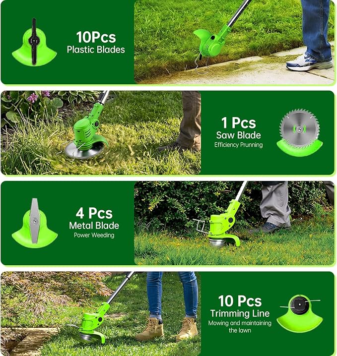 Cordless Weed Wacker Electric Grass Trimmer Battery Powered, Lightweight Grass Cutter with 2 Pack 21V Batteries, 4 in 1 String Trimmer with Adjustable Length Rod and 25 Blades for Yard and Garden