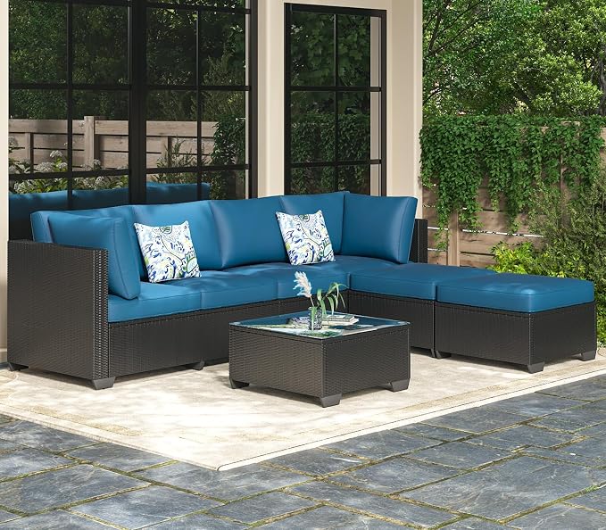 AECOJOY 7 Piece Outdoor Patio Furniture Set, Outdoor Sectional Conversation Furniture Chair with Coffee Table, Patio Sectional for Backyard, Garden(Peacock Blue Cushion and Black Ratta, with Cover)