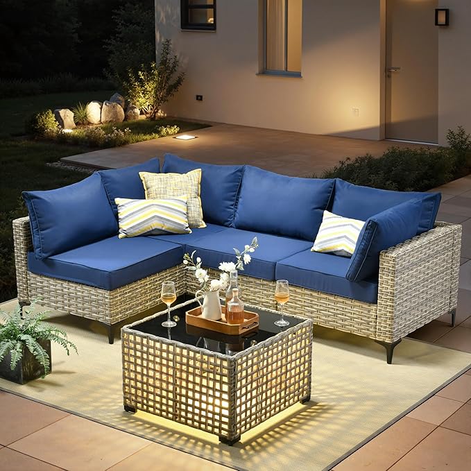 5 Pieces Patio Furniture Set with Solar Light Coffee Table, All-Weather Rattan Outdoor Sectional Conversation Sets L Shaped Sofas for Outside Porch Balcony Backyard Navy Blue