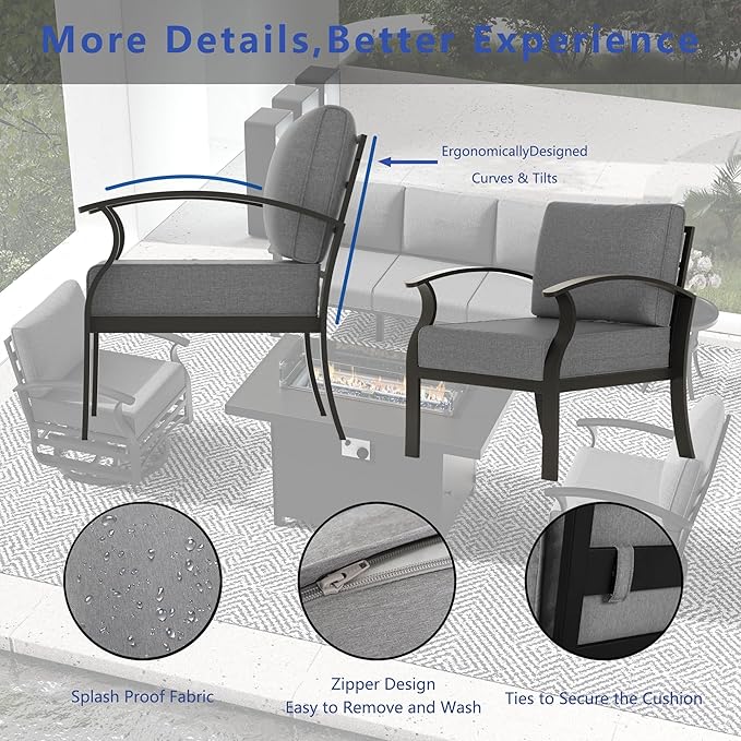 Aluminum Outdoor Patio Furniture Set,5 Pieces 7 Seats Patio Conversation Sets with 2 Swivel Rocking Chairs,Metal Patio Sectional Furniture Set with 5.1" Thickened Cushions,Grey