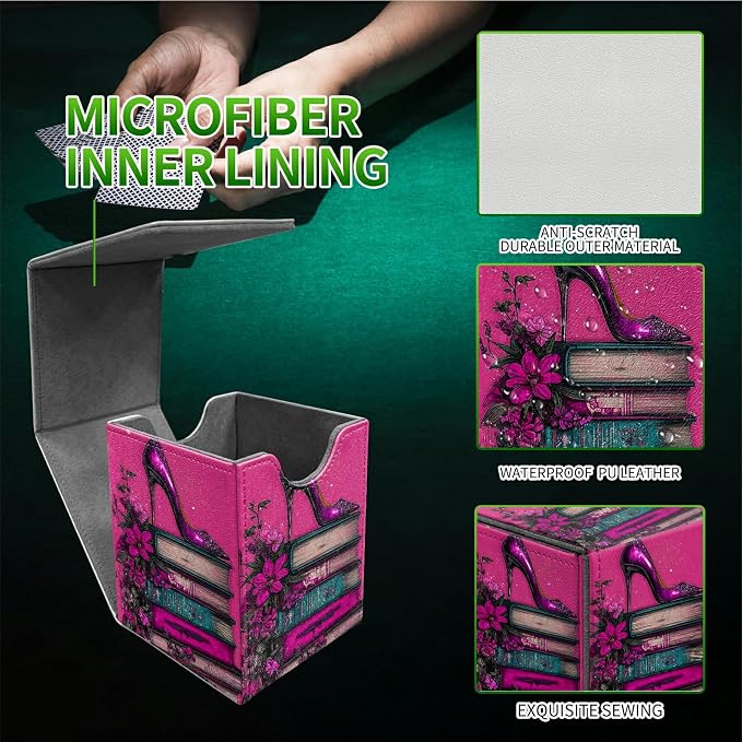 Deck Box for MTG, Cards Storage Box Fits 120+ Sleeved, Leather Medium Size Strong Magnetic Closing Card Case for Board Games Magic TCG CCG Baseball Collection, Pink High Heels