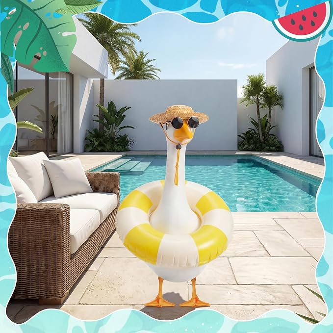Porch Goose Summer Outfit 3PCS Set, Straw Hat, Swim Ring, Sunglasses | 17/23 Inch Plastic Concrete Cement Lawn Goose Statue, Hawaiian Geese Costume for Garden Outdoor Yard Patio Decor