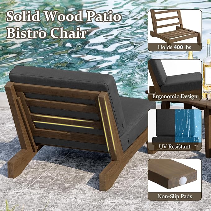 Pia Ricoo 3 Piece Patio Bistro Set with Patio Chairs and Table, Heavy Duty Wood Patio Furniture Set, All-Weather Outdoor Chairs for Balcony, Deck, Poolside, Porch - Drak Gray