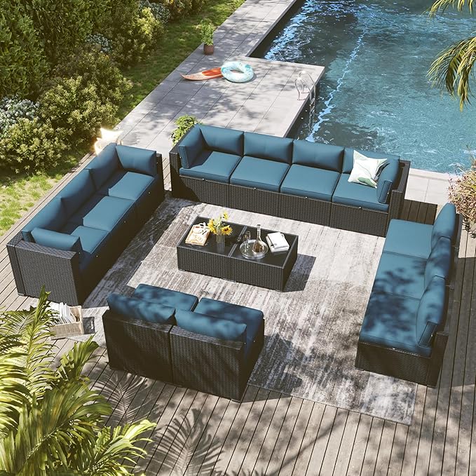 LazySunsets 14 Piece Outdoor Patio Furniture Set with Coffee Table, Outdoor Patio Furniture Set with Waterproof Cover, Wicker Rattan Outdoor Conversation Set for Backyard & Garden, Peacock Blue