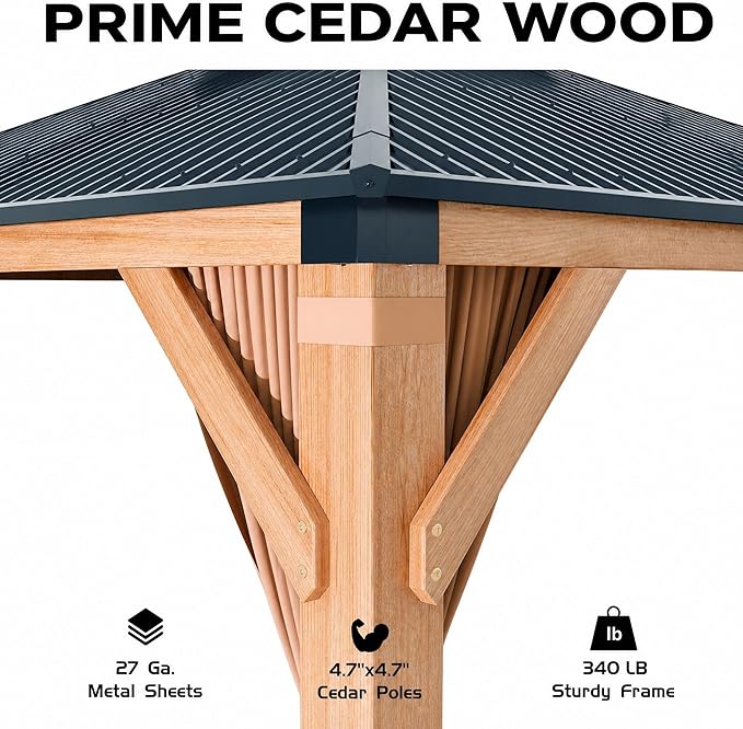 10x12FT Hardtop Wood Gazebo, Cedar Frame Outdoor Pavilion with Double Galvanized Steel Roof, Curtains and Netting Included, Ceiling Hook for Patio Backyard Deck Lawn Garden, Khaki