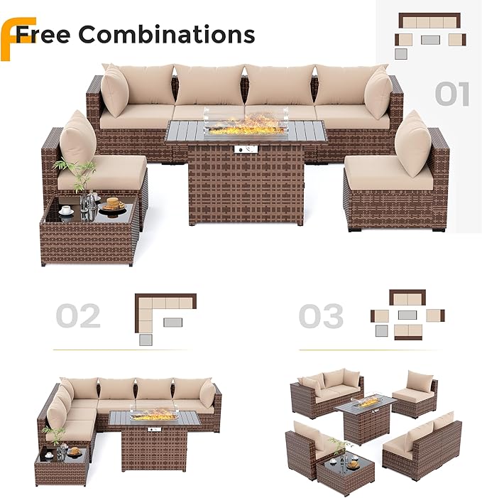 UDPATIO Furniture Set with Fire Pit Table, 8 Piece Sectional Sofas, All-Weather Wicker Conversation for Garden, Backyard, Khaki
