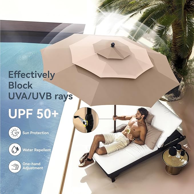 PHI VILLA 10ft Outdoor Patio Umbrella for Outside, 3 Tier Vented Round Market Table Umbrella Windproof for Backyard, Deck, Garden, Beige & Tan(No Base)