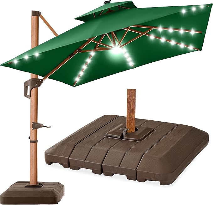 Best Choice Products 10ft Square Cantilever Patio Umbrella w/Base Included, Woodgrain Pattern Pole & Solar LED Lights, 360-Rotation, Offset Hanging Outdoor Shade