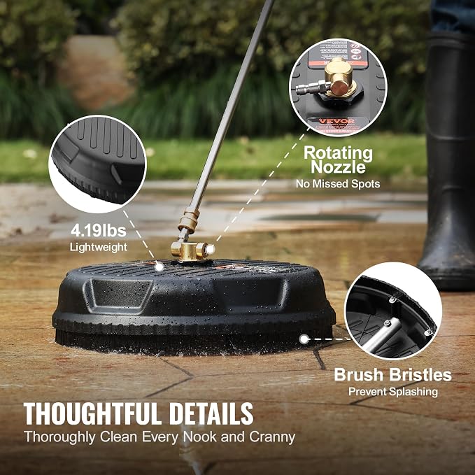 VEVOR 15 Inch Pressure Washer Surface Cleaner, 4000 PSI Universal Power Washer Accessory with 2 Extension Wands and 1/4 Inch Quick Connect, Concrete Cleaner for Driveway, Patio, Floor Cleaning