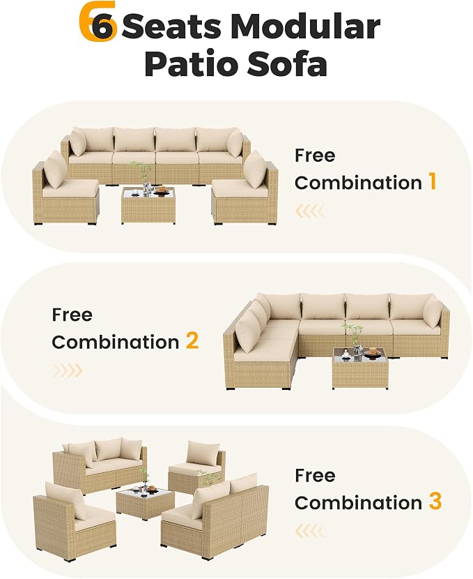 UDPATIO Furniture Set, 7 Piece Sectional Sofas with Wicker Coffee Table, Conversation for Garden, Backyard, Yellow/Beige